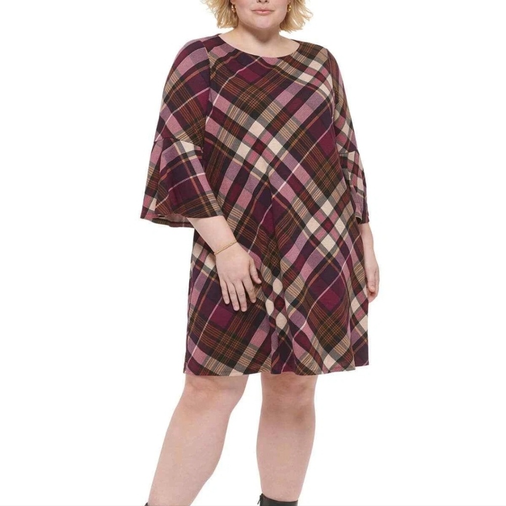 Plaid A-Line Dress in Burgundy and Pink LIKE NEW